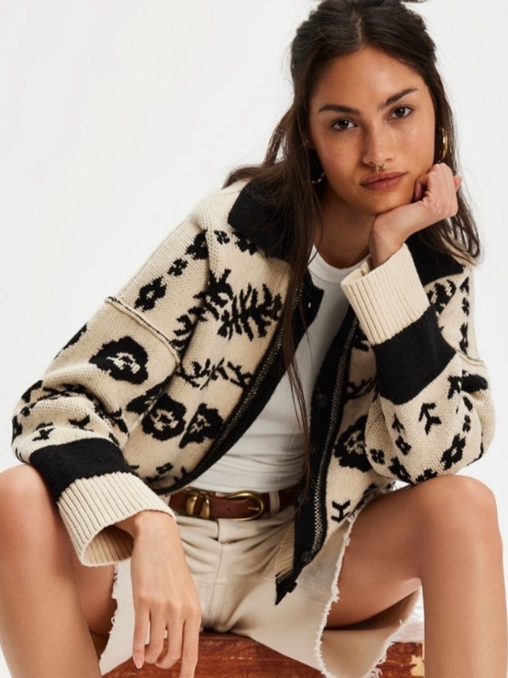 Free People Shelby Cardigan in Cream and Black - XL